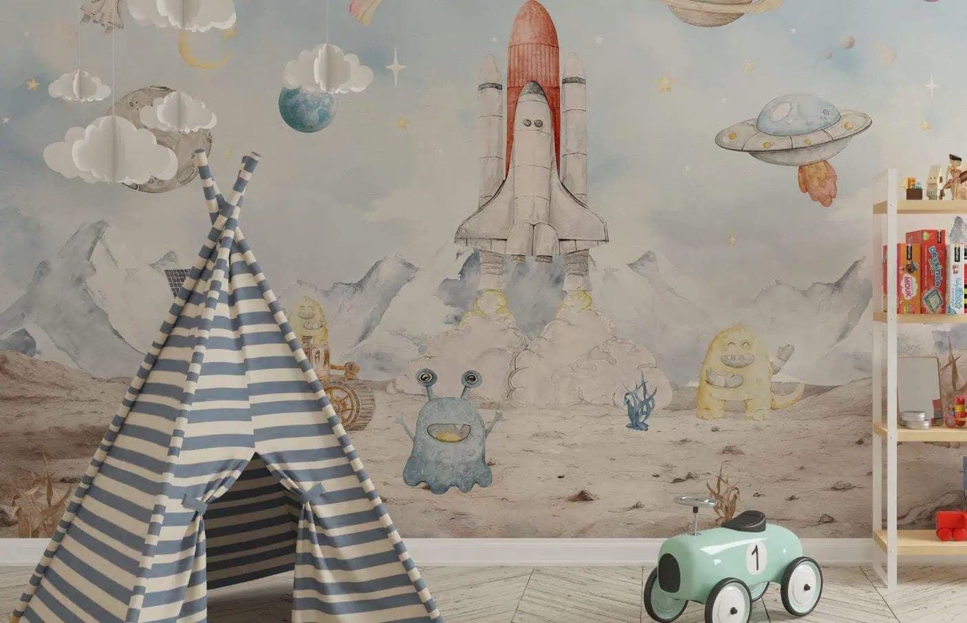 naadloos ruimte avontuur raket, planeten en vrolijke aliens behang op maat