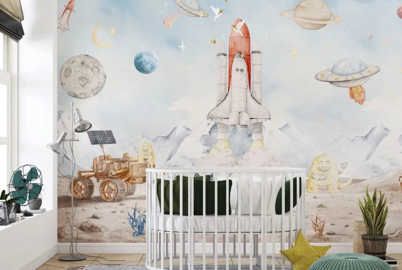 ruimte avontuur raket, planeten en vrolijke aliens behang in blauw — naadloos op maat geprint