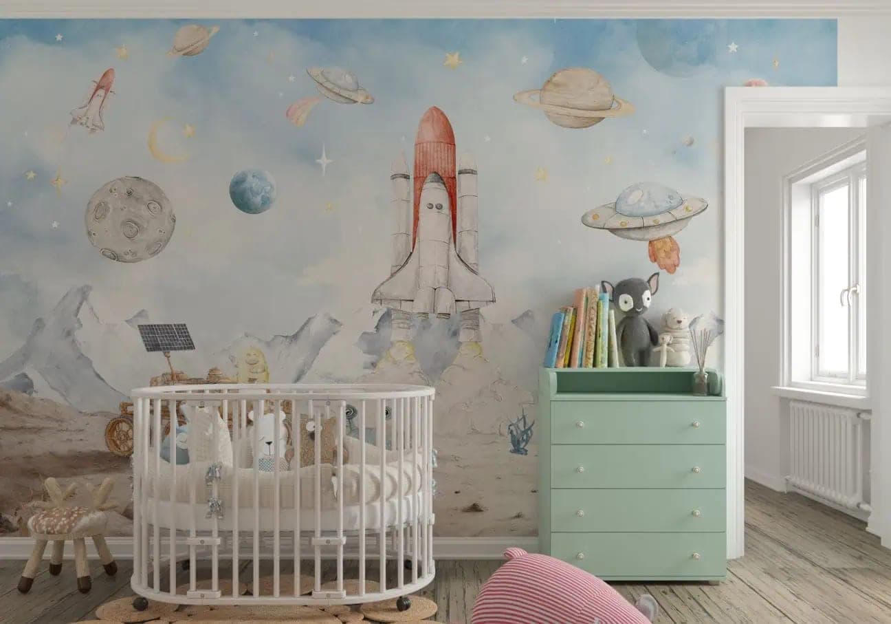 ruimte avontuur raket, planeten en vrolijke aliens behang in blauw