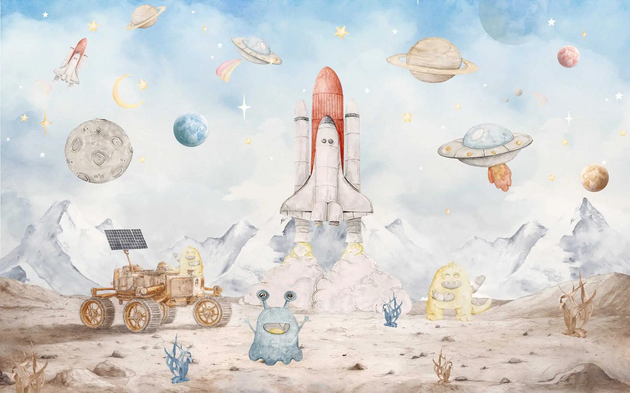 Fotobehang Ruimte Avontuur met Raket, Planeten en Vrolijke Aliens