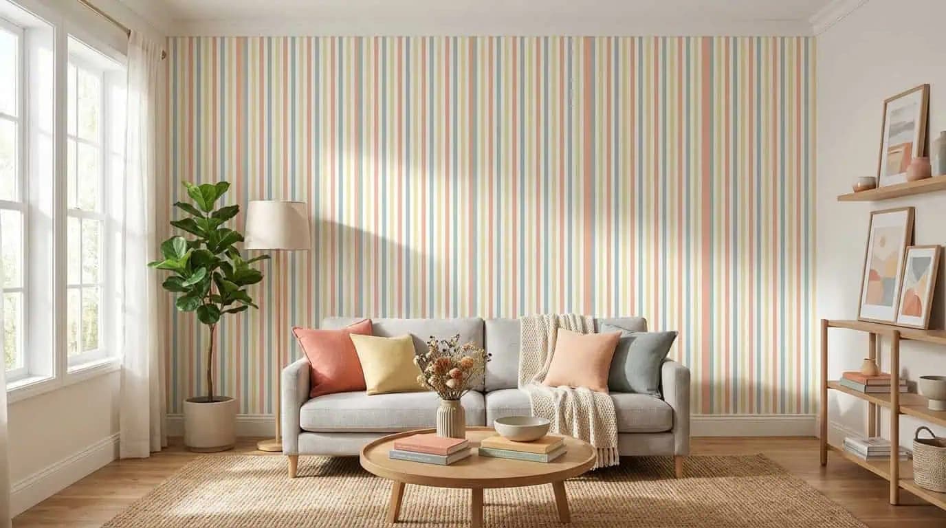 pastel verticale strepen zacht blauw, geel en perzik behang op maat