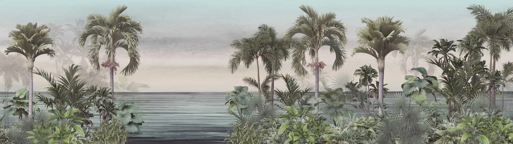Fotobehang Tropisch Palmenstrand met Zachte Ochtendnevel