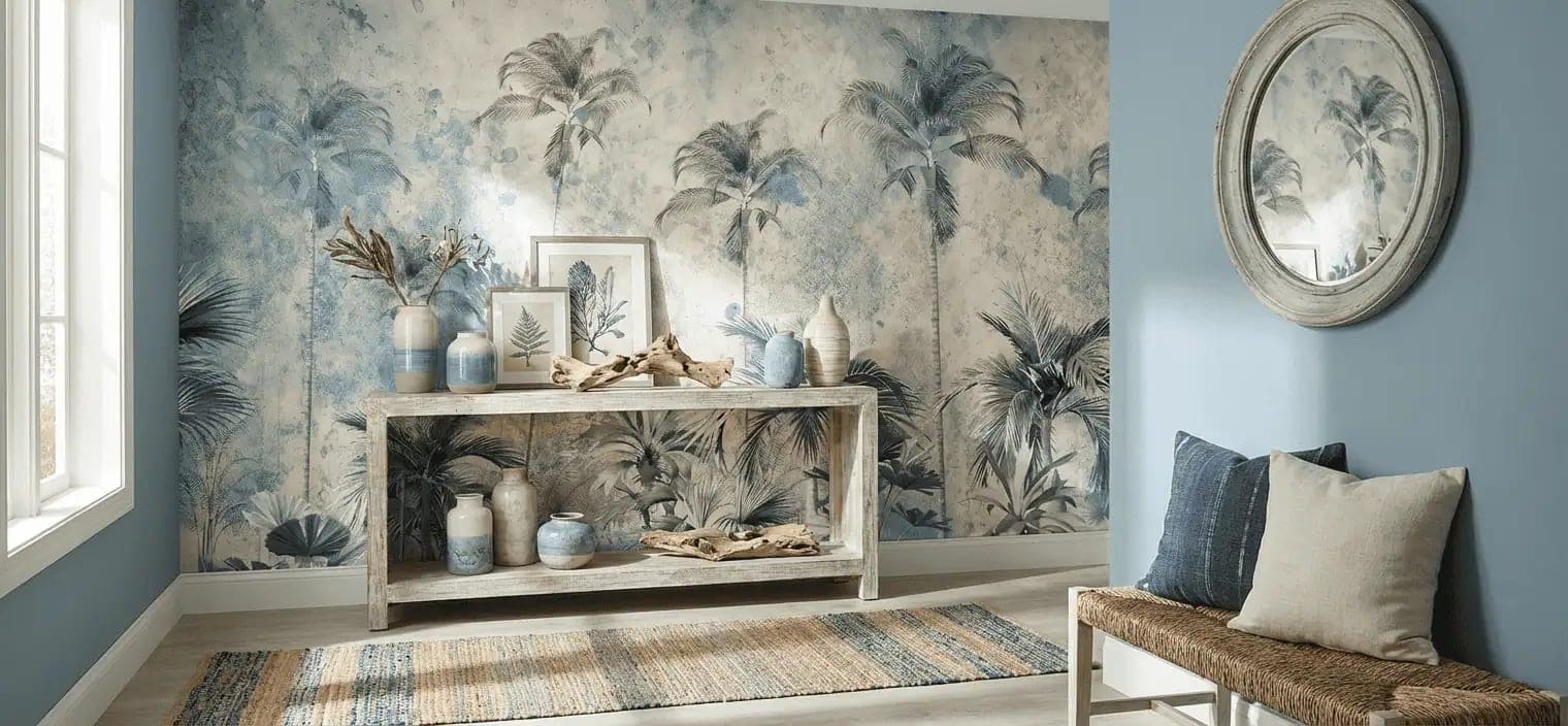 naadloos tropische palmen blauwe aquarel op zandkleur behang op maat
