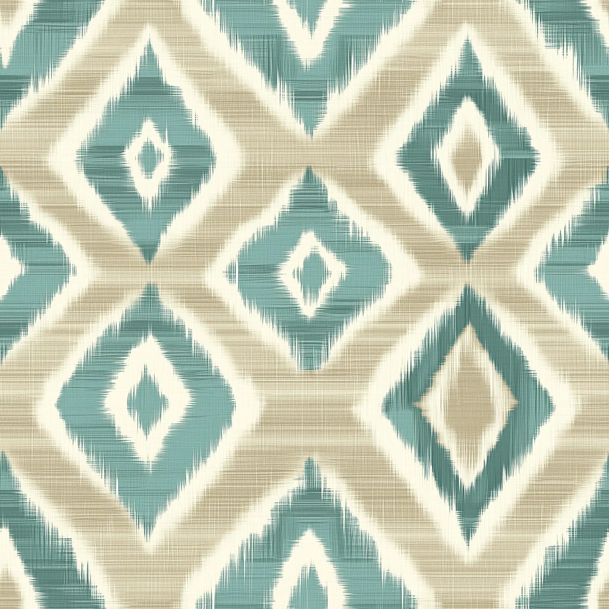 Turquoise Geometrisch Behang met Zandkleurige Ruiten