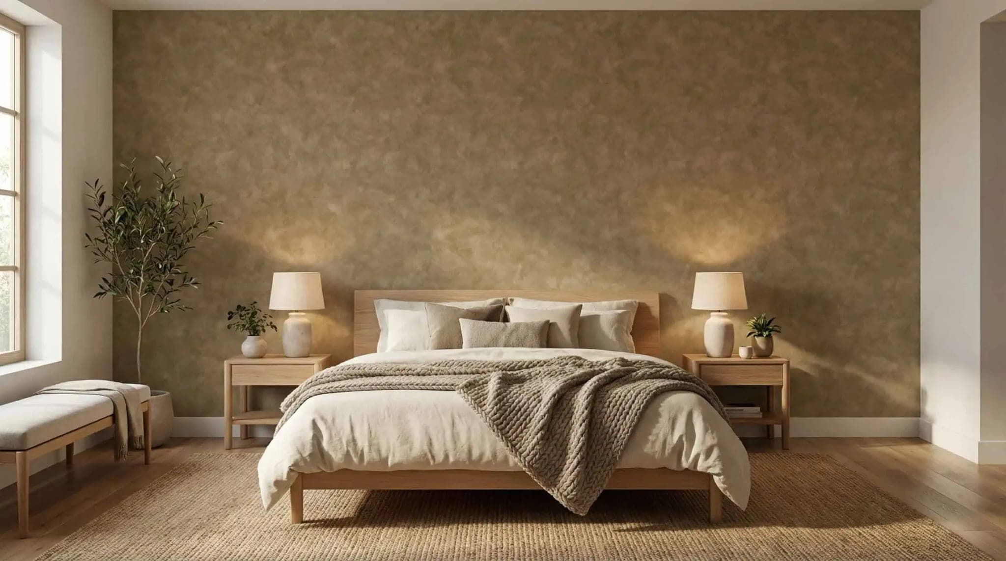 warm zandkleur betonlook aardse textuur behang op maat in beige en bruin