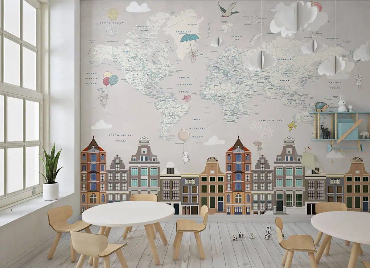 naadloos wereldkaart amsterdam kinderkamer behang op maat