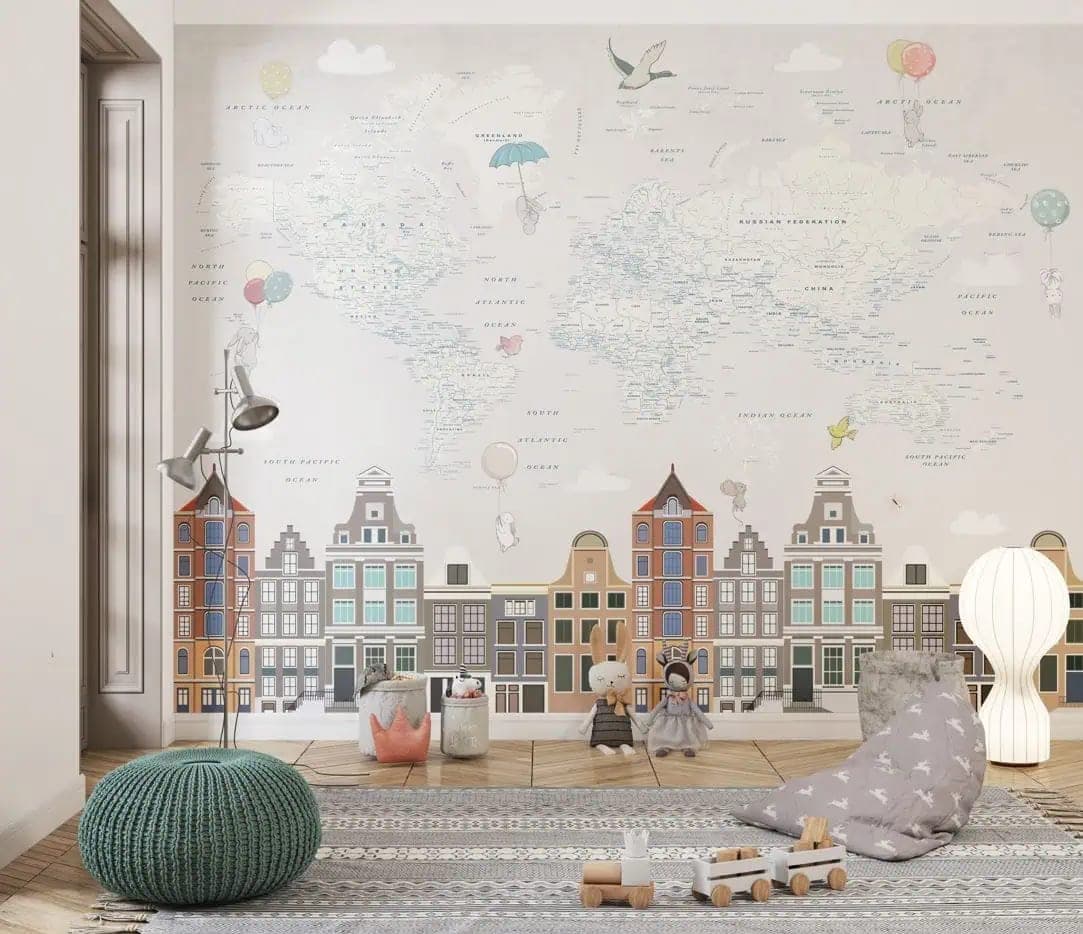 wereldkaart amsterdam kinderkamer behang — naadloos op maat geprint