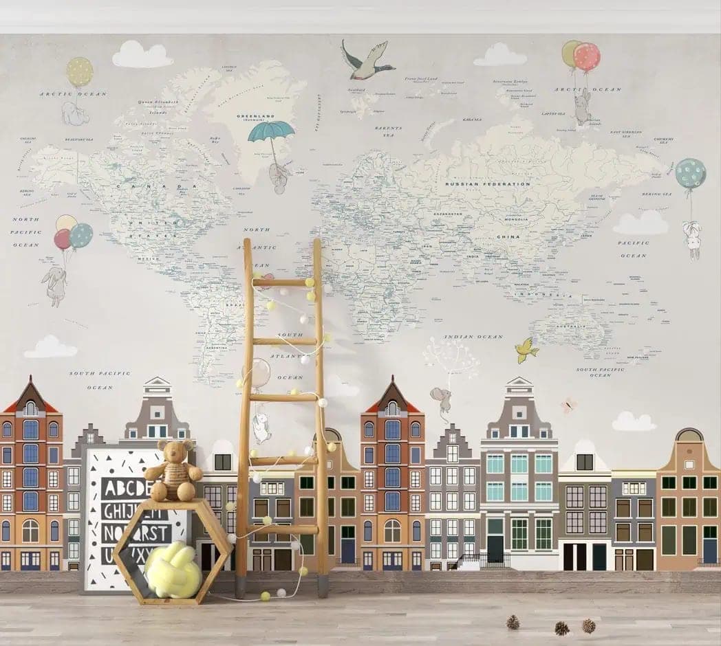 wereldkaart amsterdam kinderkamer behang