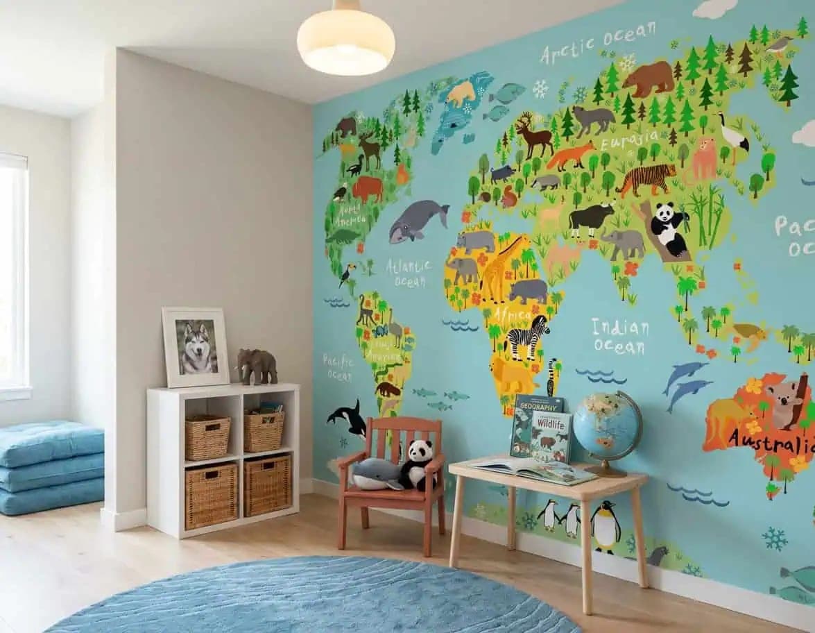 wereldkaart dieren heldere kleuren behang op maat