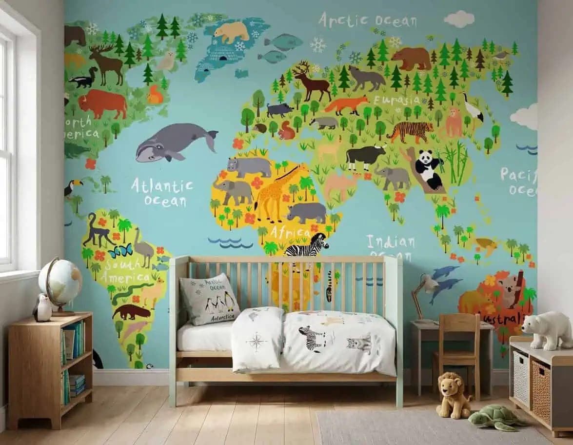 naadloos wereldkaart dieren heldere kleuren behang op maat