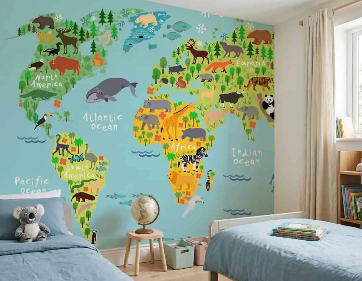 wereldkaart dieren heldere kleuren behang — naadloos op maat geprint