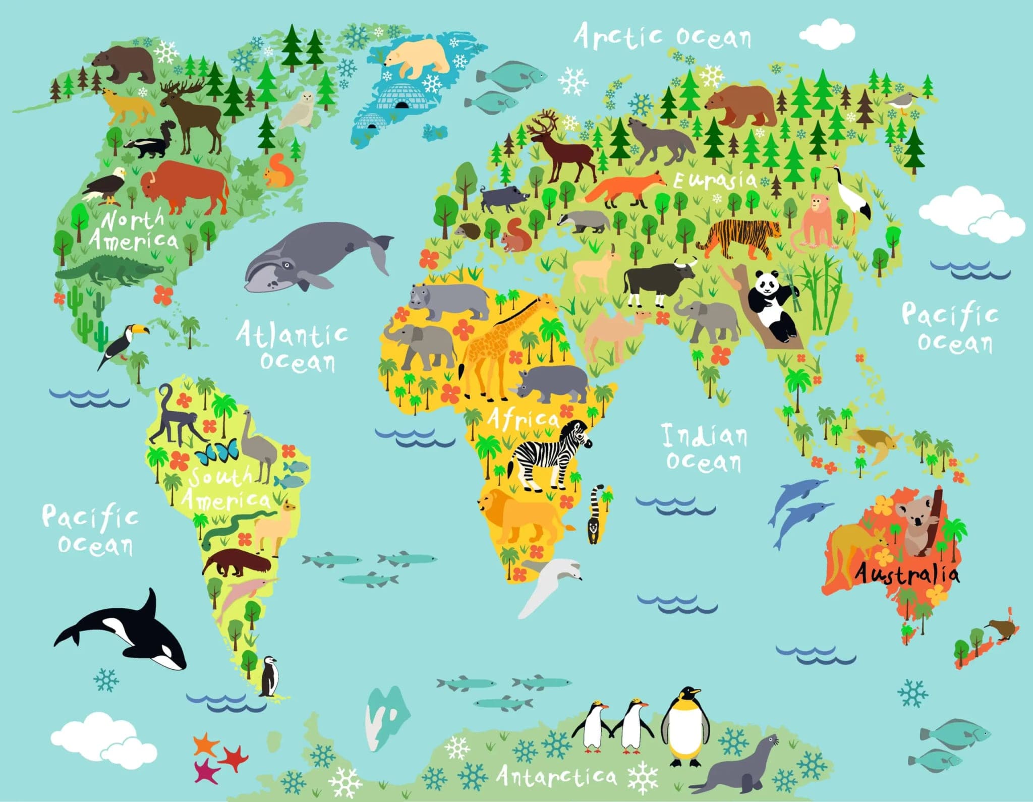 Fotobehang Wereldkaart met Dieren in Heldere Kleuren