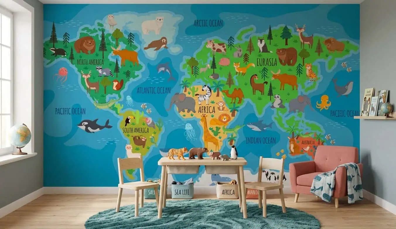wereldkaart dieren heldere kleurrijk behang op maat