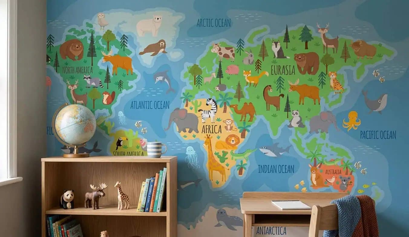 wereldkaart dieren heldere kleurrijk behang — naadloos op maat geprint