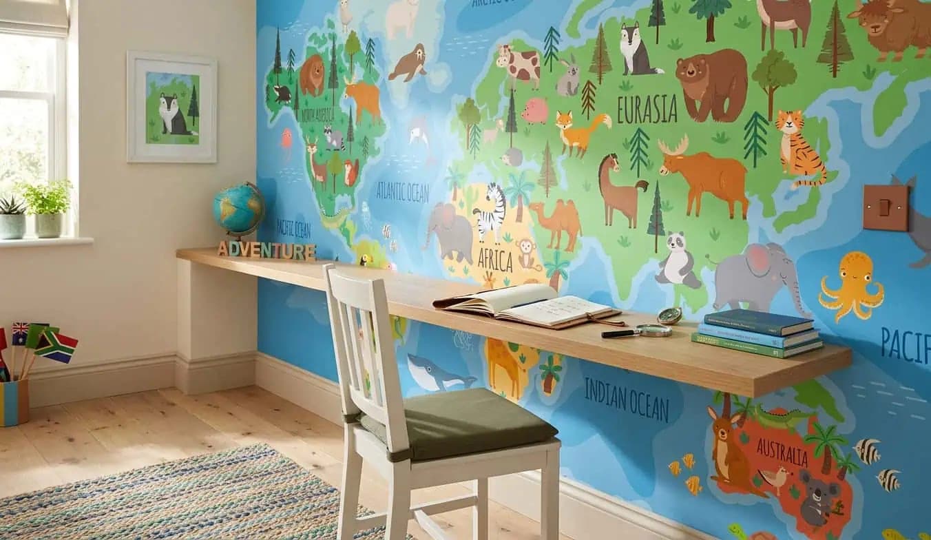 wereldkaart dieren heldere kleurrijk behang op maat