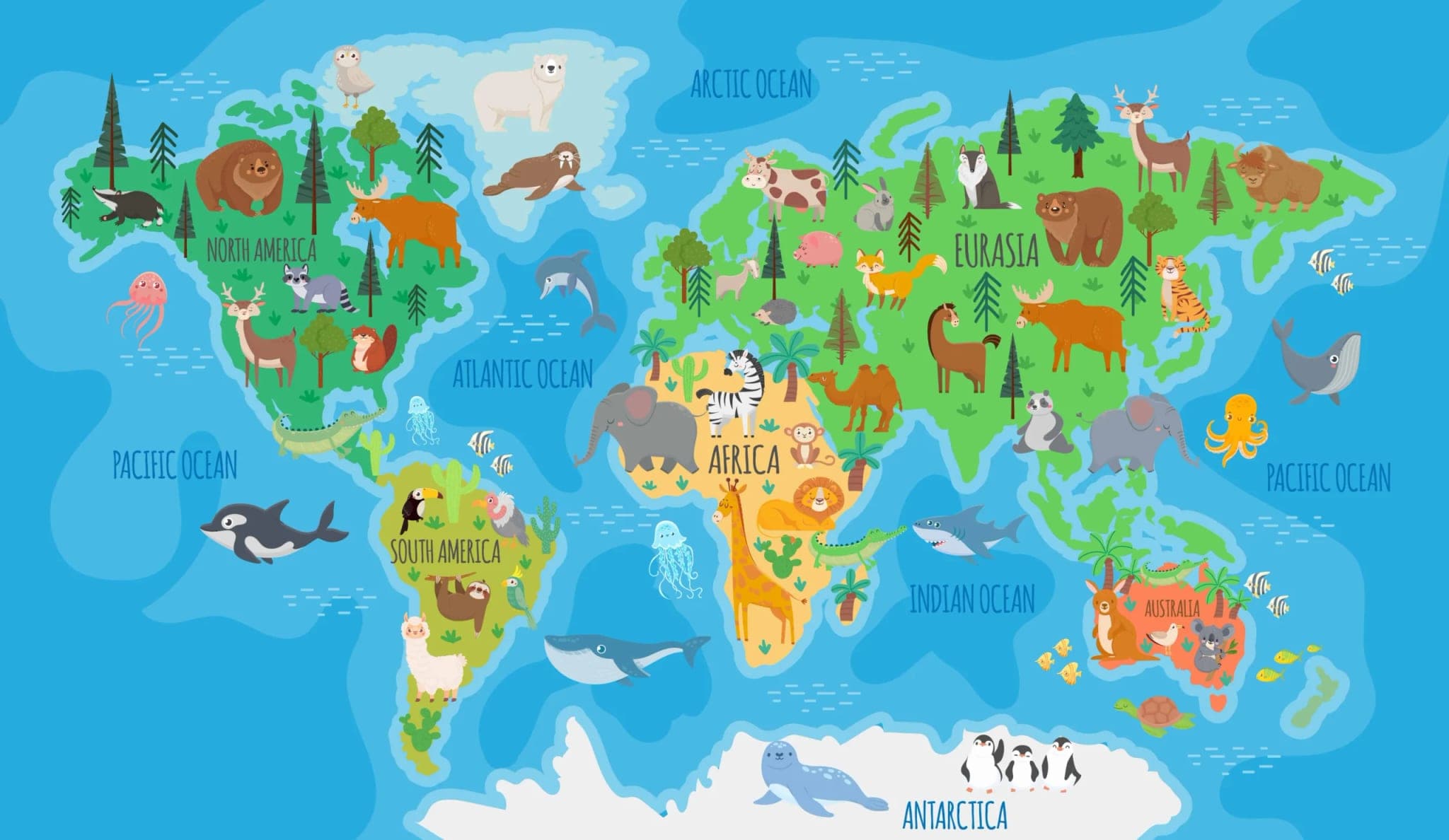 Fotobehang Wereldkaart met Dieren in Heldere Kleurrijk