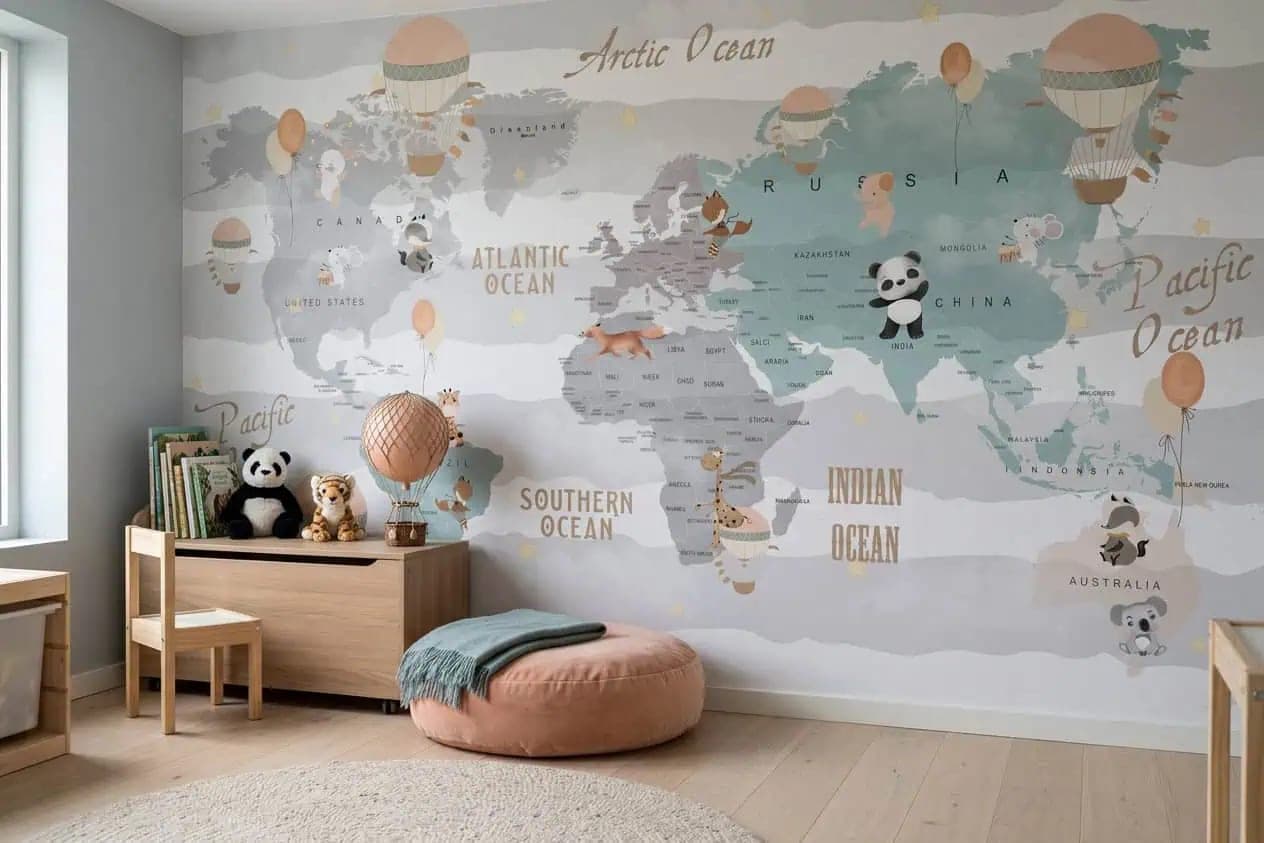 naadloos wereldkaart dieren en ballonnen pastelkleuren behang op maat