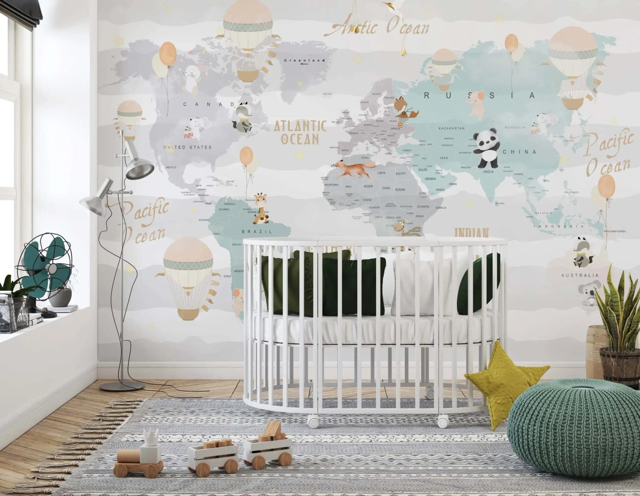 wereldkaart dieren en ballonnen pastelkleuren behang — naadloos op maat geprint