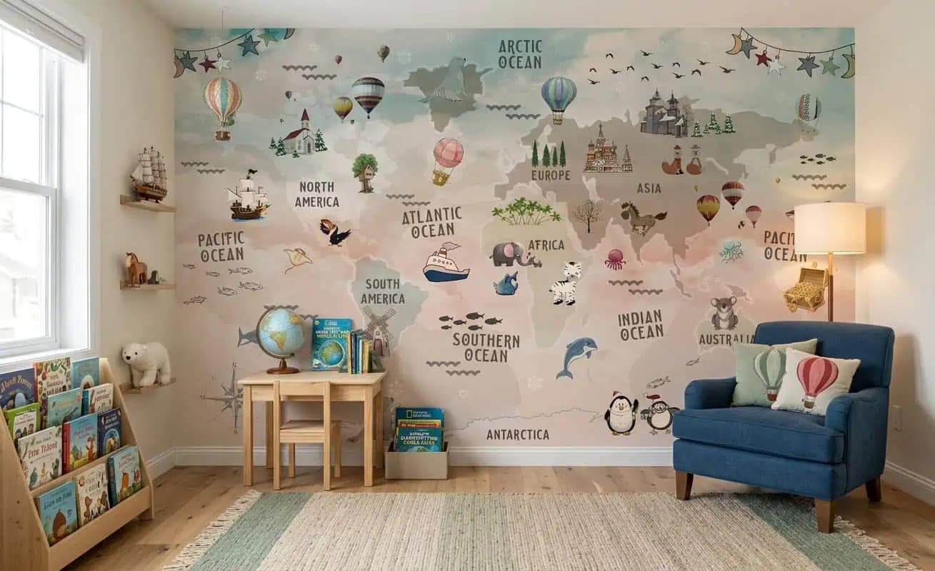 wereldkaart dieren en luchtballonnen pastelkleuren behang op maat