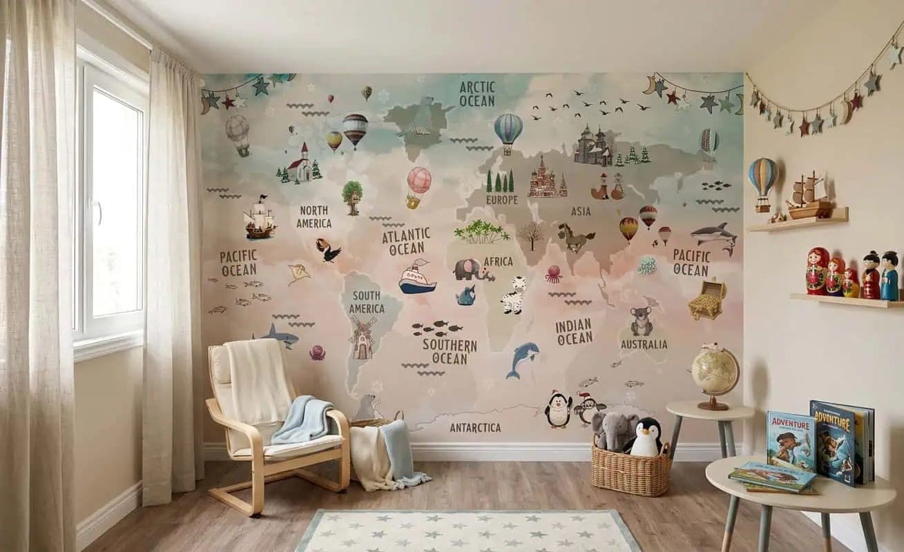 wereldkaart dieren en luchtballonnen pastelkleuren behang — naadloos op maat geprint
