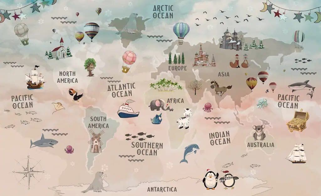 Fotobehang Wereldkaart met Dieren en Luchtballonnen in Pastelkleuren