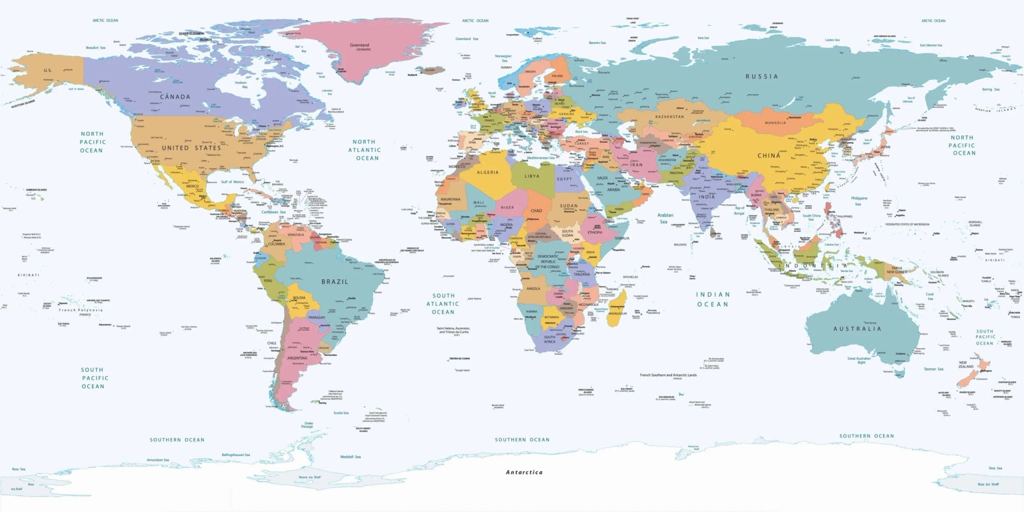Fotobehang Wereldkaart in Zachte Pasteltinten met Landnamen