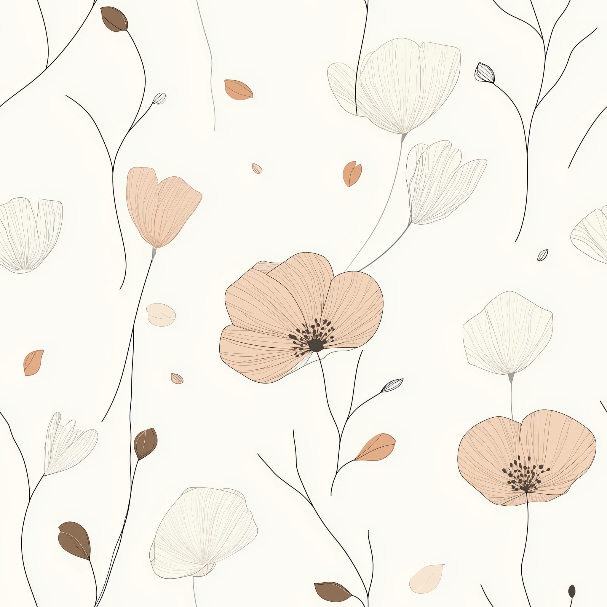 Zacht Beige Bloemen Behang met Fijne Lijntekening