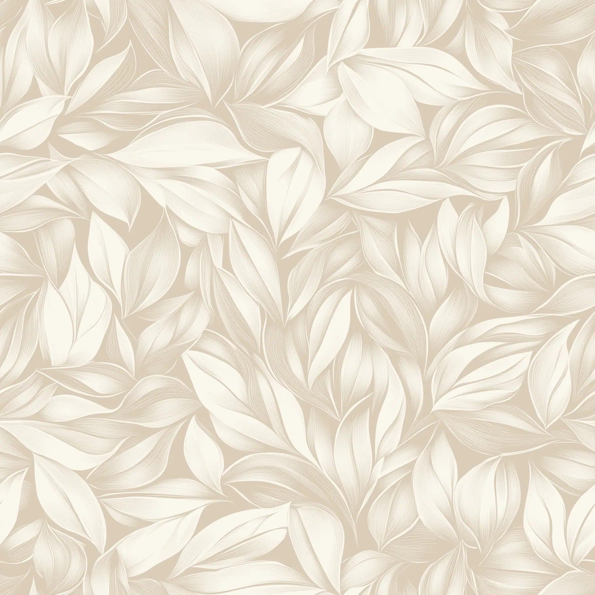Zandbeige Bladeren Behang met Zachte Botanische Lijntekening