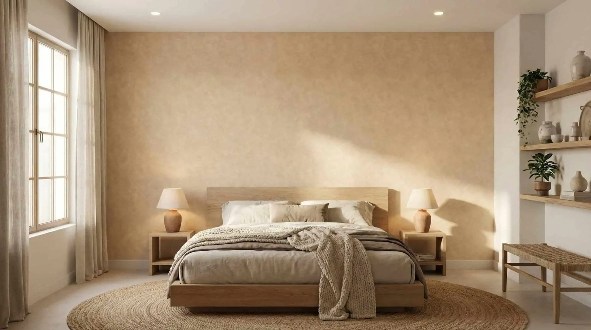 zandkleur betonlook warme wolkstructuur behang op maat in beige