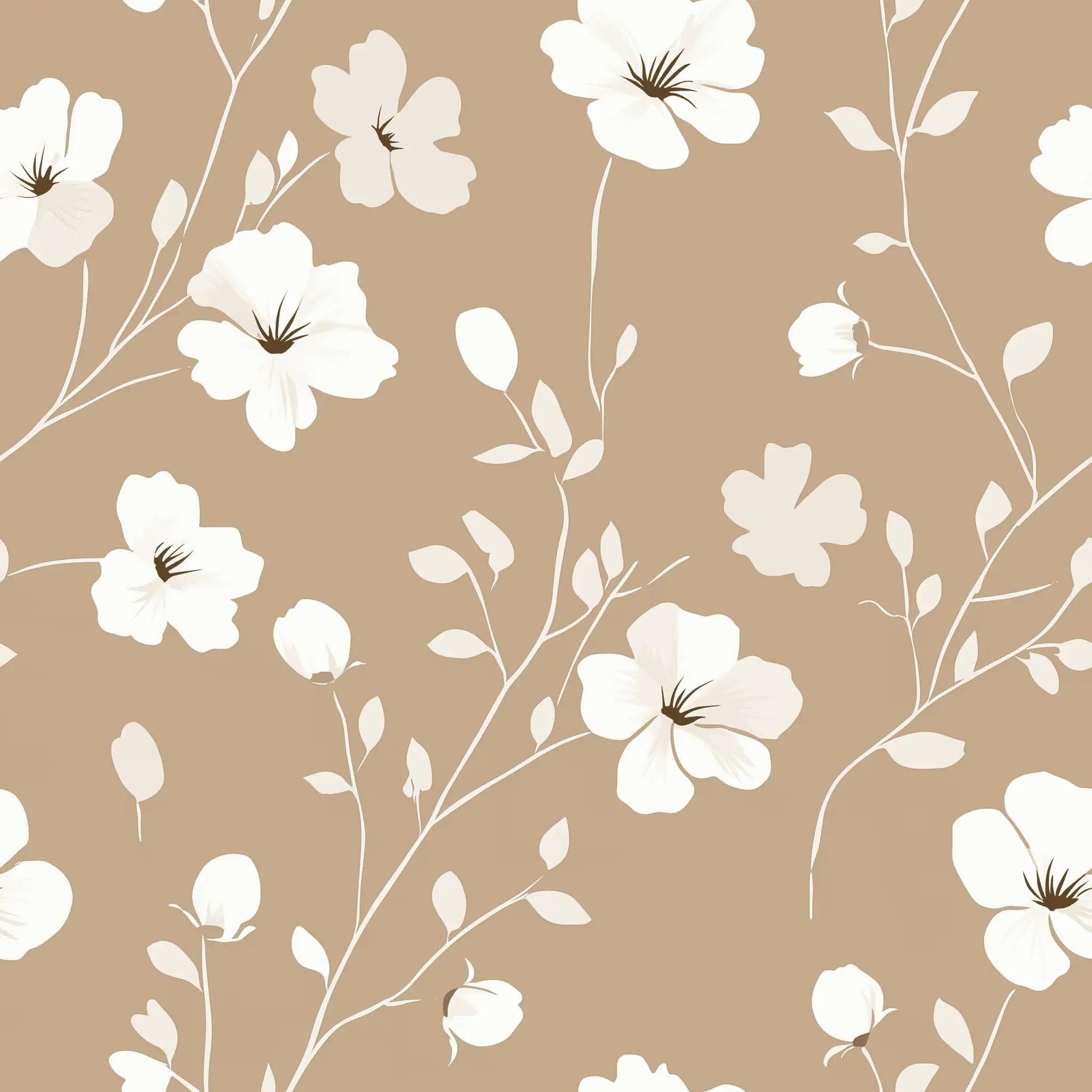 Zandtaupe Bloemen Behang met Witte Tekenbloesem