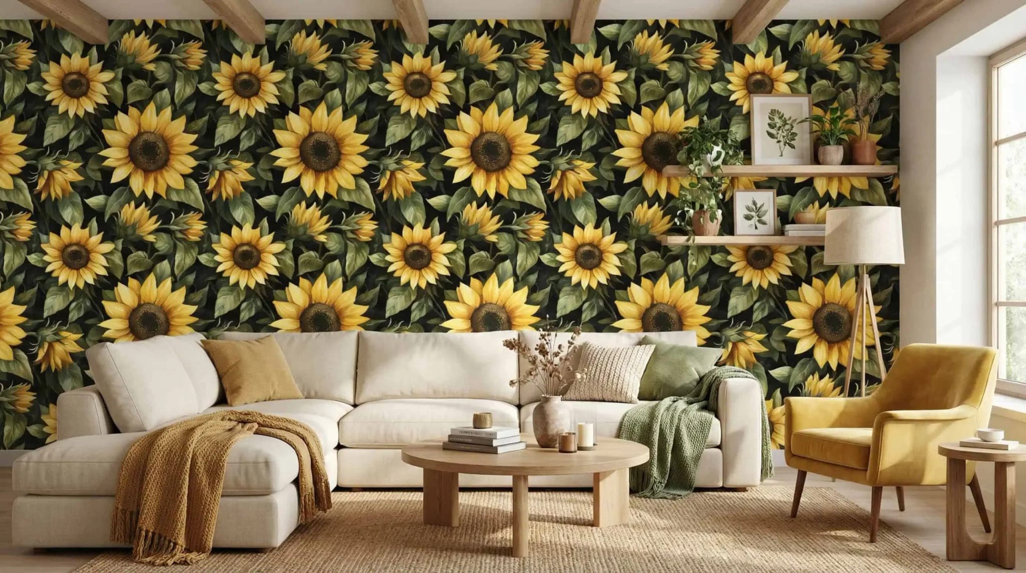 grote gele zonnebloemen op donkergroene achtergrond behang op maat in zwart