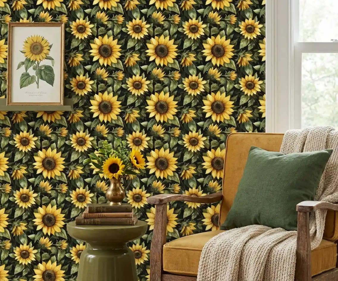 naadloos grote gele zonnebloemen op donkergroene achtergrond behang op maat
