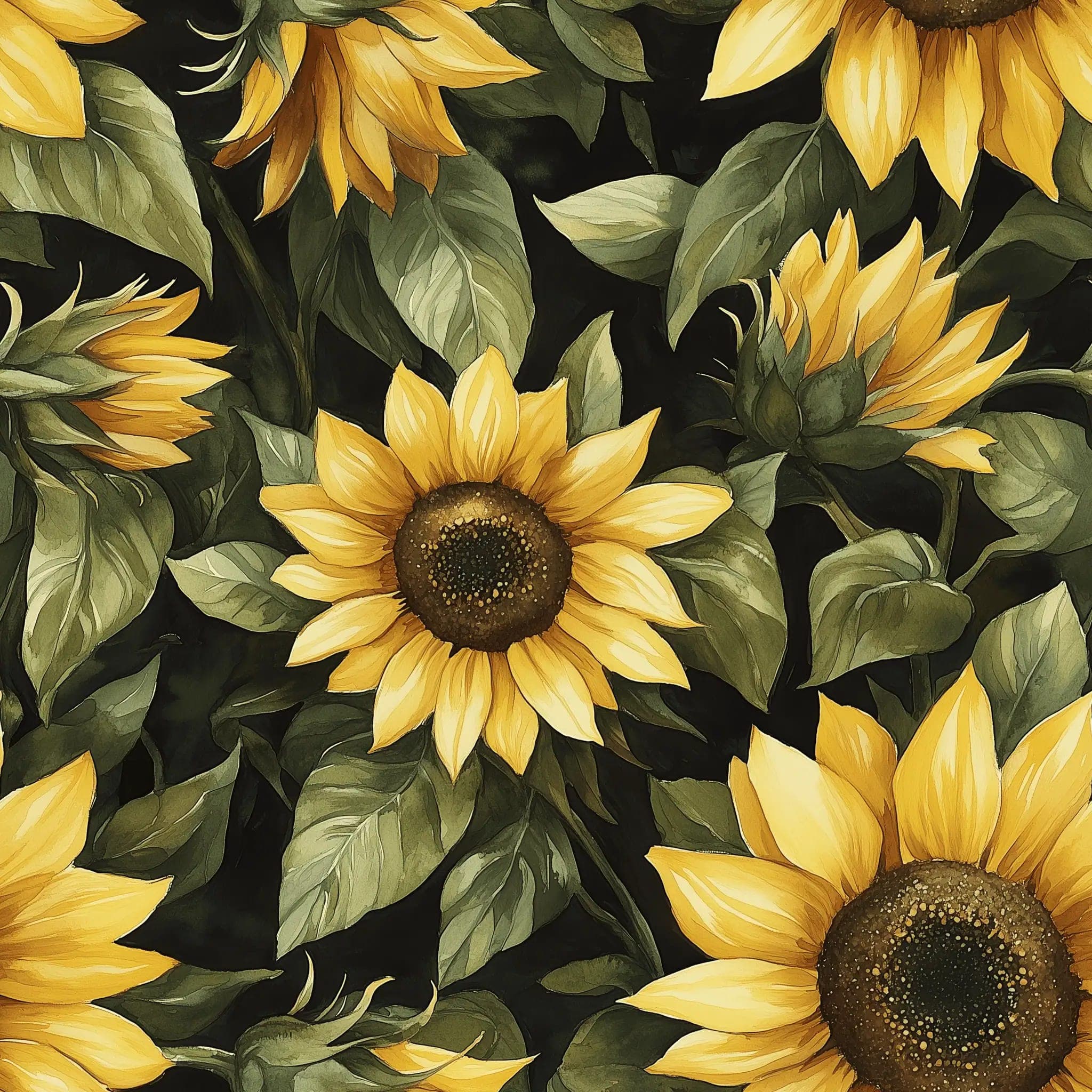 Behang met Grote Gele Zonnebloemen op Donkergroene Achtergrond