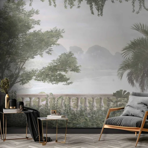 Fotobehang dromerig terras met meer achter designfauteuil in moderne woonkamer