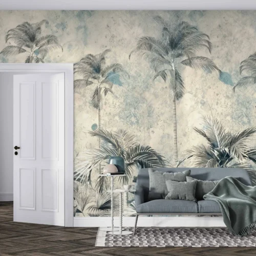 fotobehang tropische palmen achter moderne bank in woonkamer