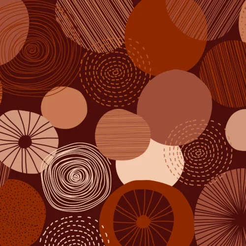 abstract behang terracotta met grote cirkels in warme bruin en roesttinten