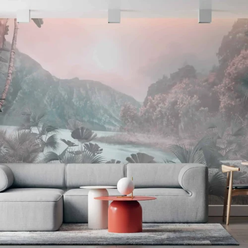 jungle behang pastel achter bank en eettafel in lichte woonkamer