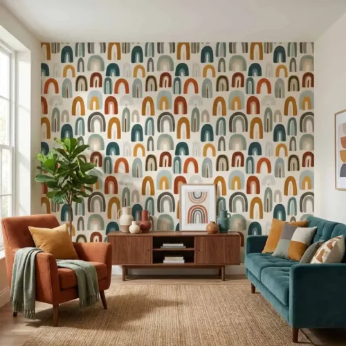 abstract regenboog behang achter dressoir in lichte woonkamer