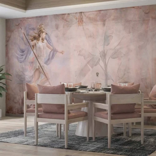 fotobehang romantische Griekse godin op roze fresco achter eettafel in moderne eetkamer
