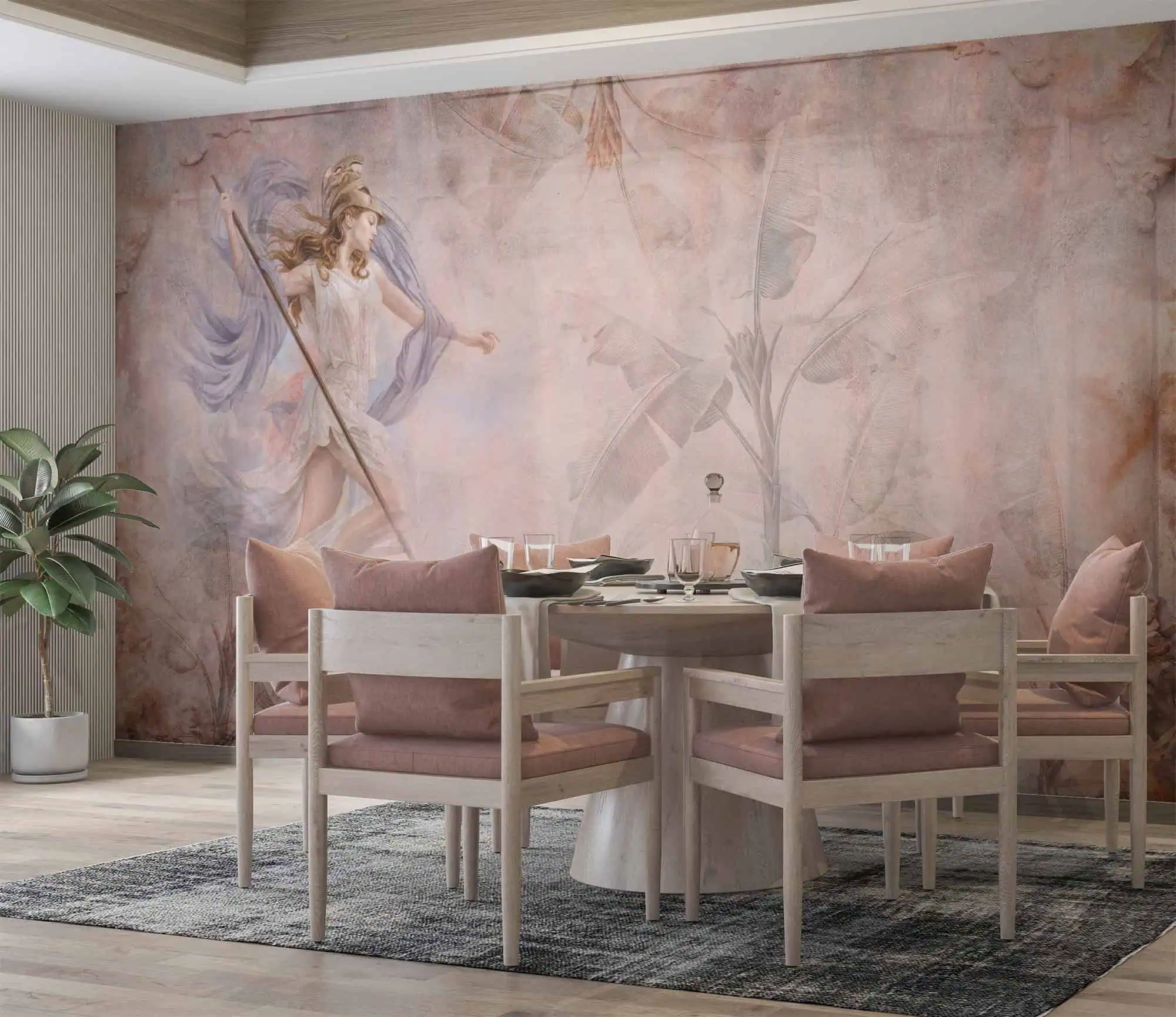 fotobehang romantische Griekse godin op roze fresco achter eettafel in moderne eetkamer