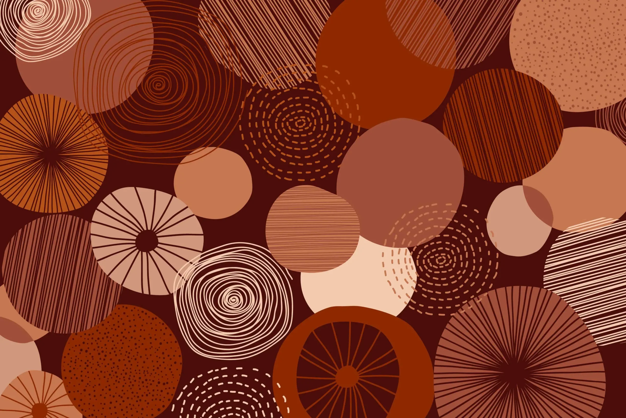abstract behang terracotta met grote cirkels in warme bruin en roesttinten