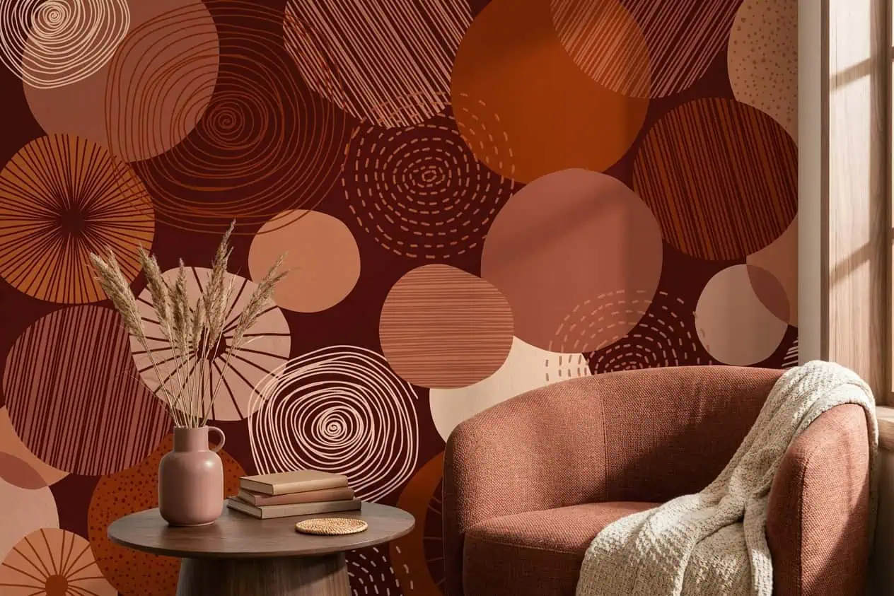 abstract behang terracotta achter fauteuil in zithoek woonkamer