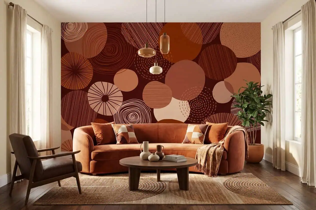 abstract behang terracotta achter bank in lichte woonkamer