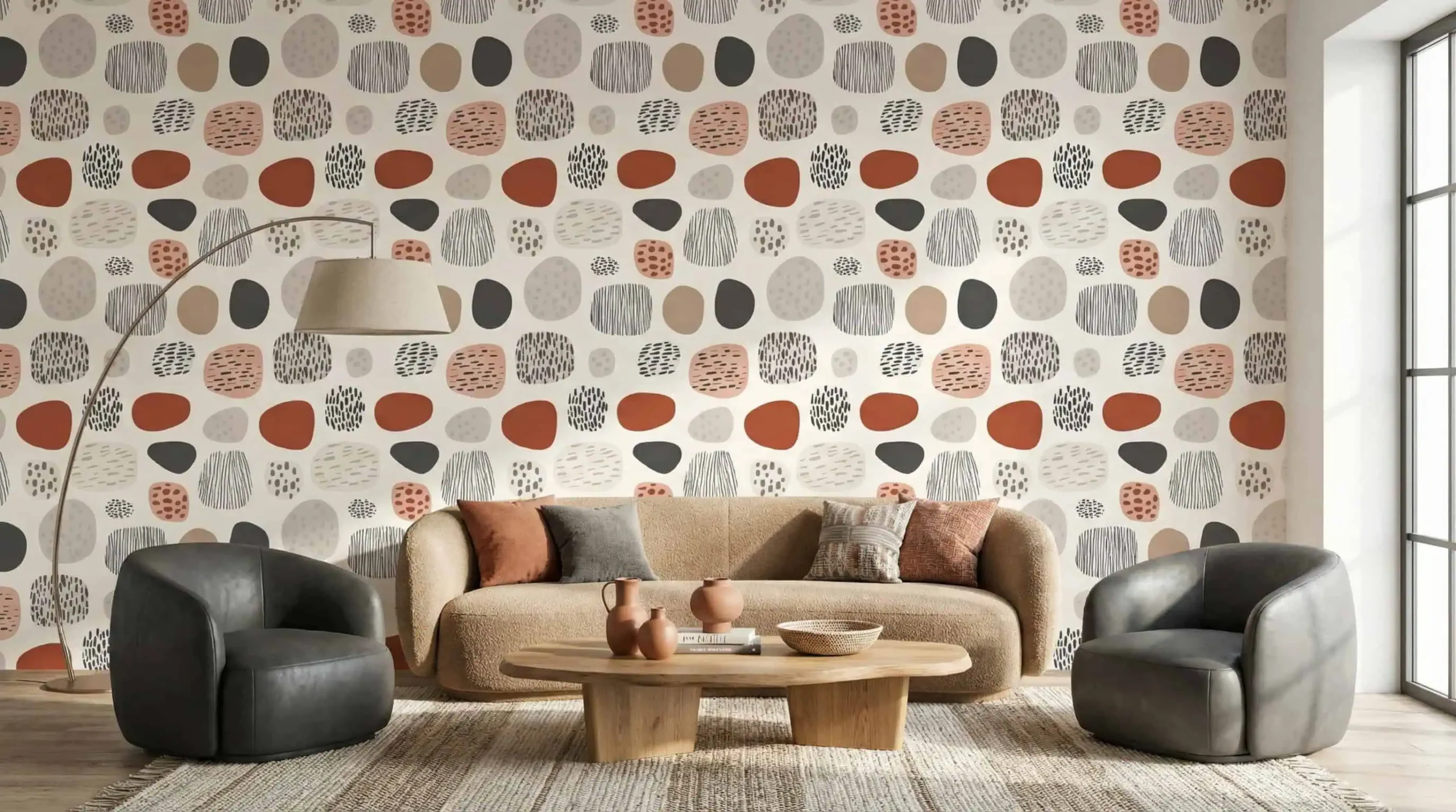 abstract behang met terracotta en grijze vormen achter bank in moderne woonkamer