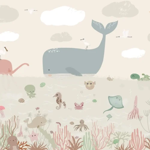 babykamer behang walvis met zeevriendjes in pastel op zandkleurige achtergrond