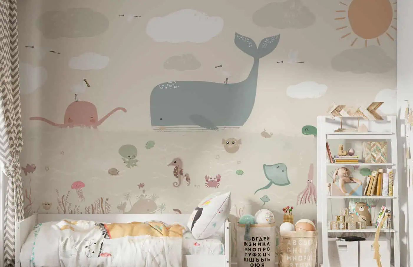babykamer behang walvis achter kinderbed en open kast in kinderkamer