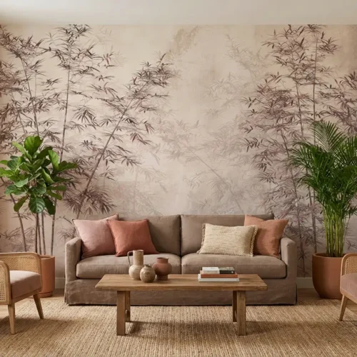 bamboe behang mistig beige achter bank in lichte woonkamer