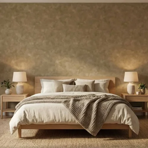 warm zandkleur betonlook behang met aardse textuur in de slaapkamer