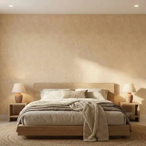 zandkleur betonlook behang met warme wolkstructuur in de slaapkamer