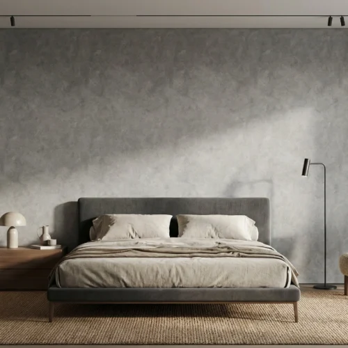koel grijs betonlook behang achter bed in moderne slaapkamer